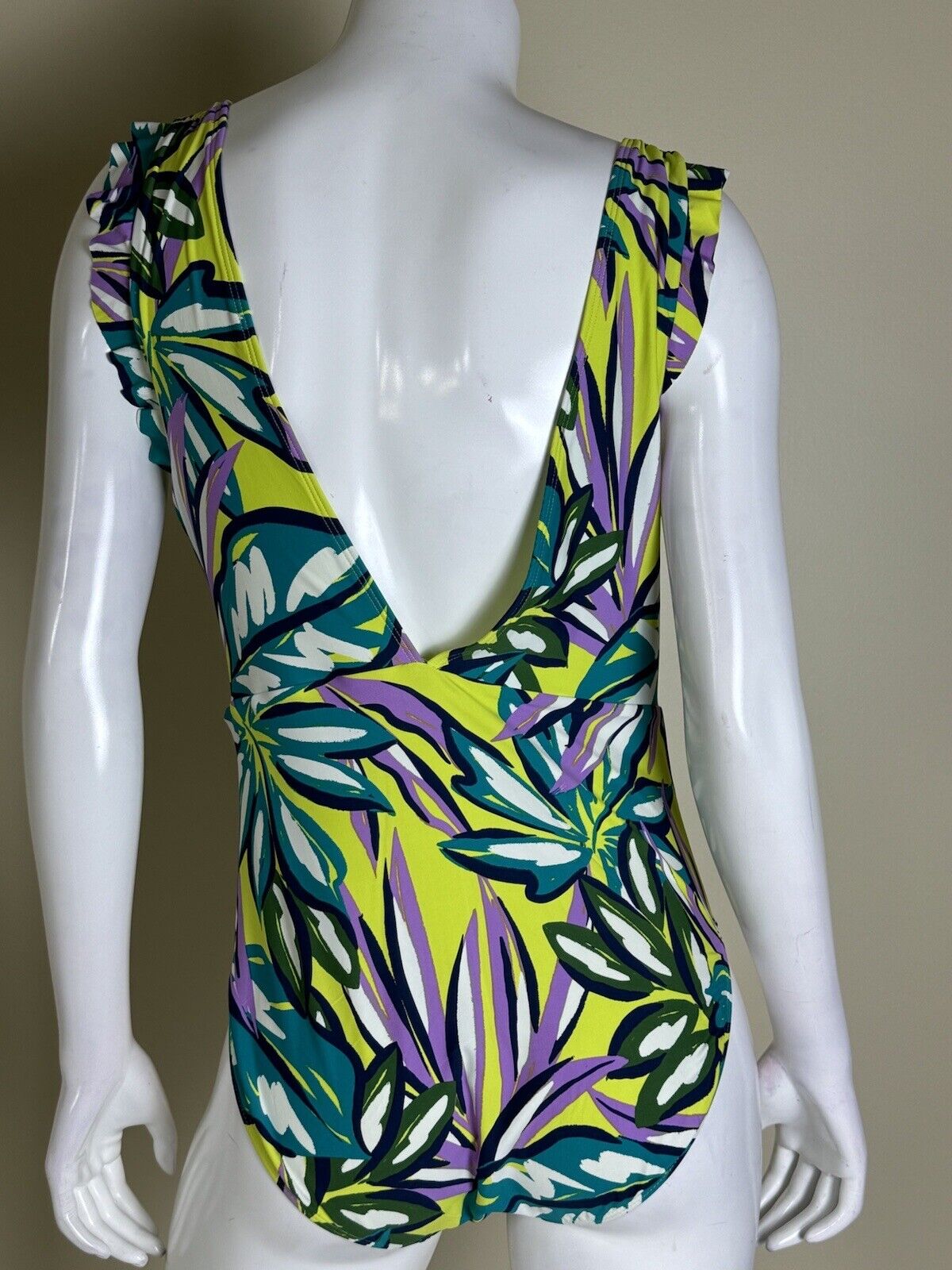 CATALINA Multi Color Striped Ruffle Arm Deep V-Back One Piece Swimsuit Sz M