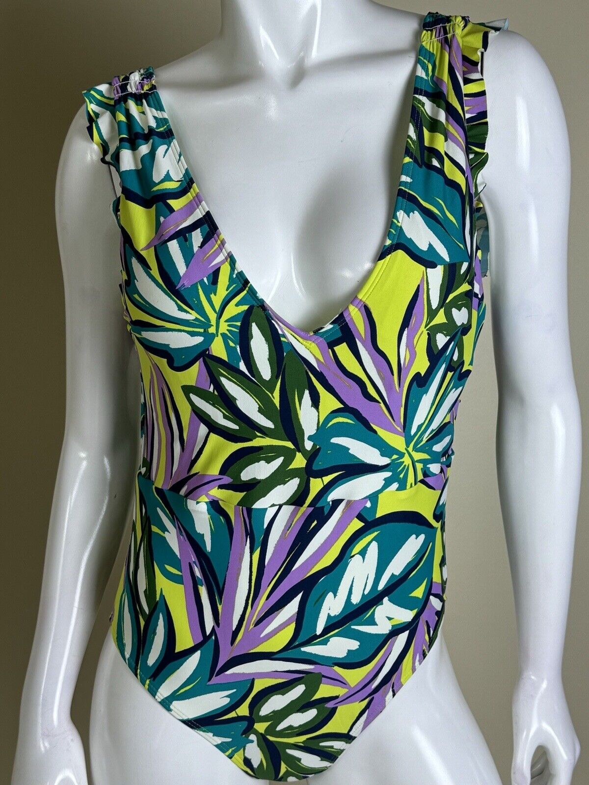 CATALINA Multi Color Striped Ruffle Arm Deep V-Back One Piece Swimsuit Sz M