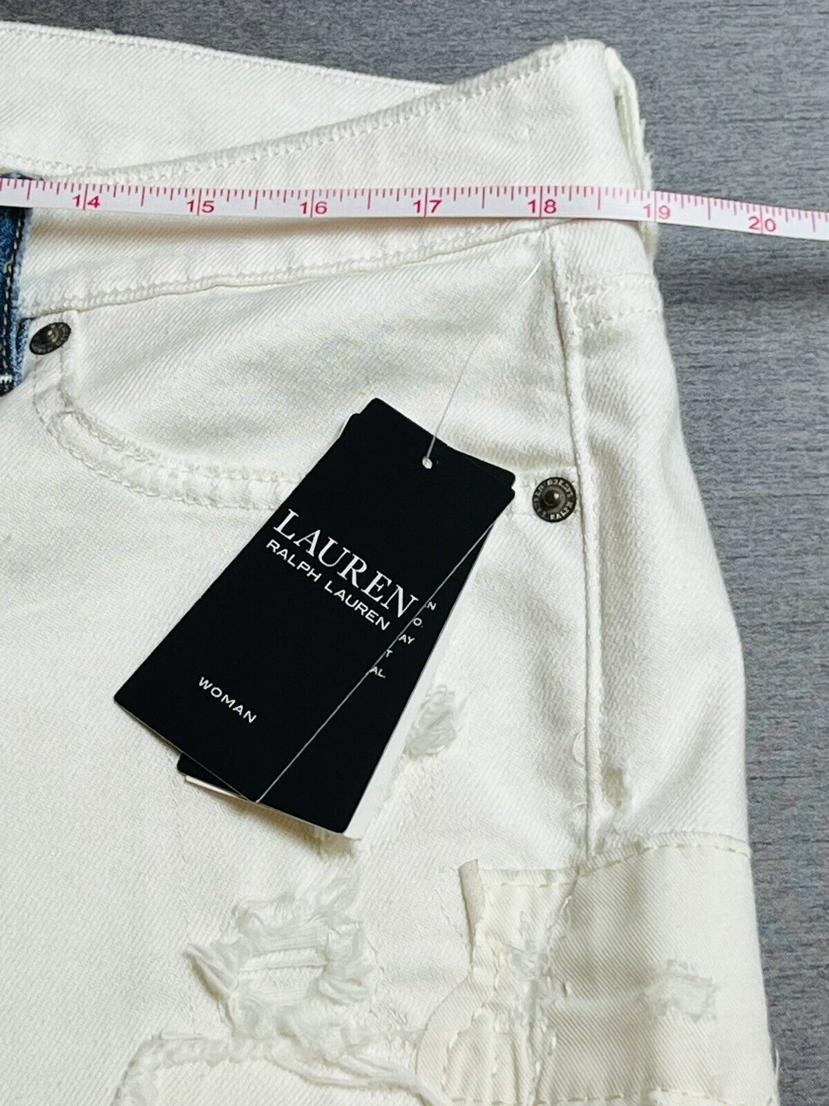 Ralph Lauren Women’s Distressed Patchwork Straight Stretch Jeans White Sz 16 NWT