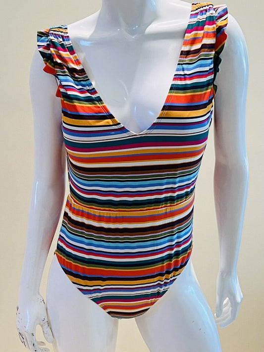 CATALINA Multi Color Striped Ruffle Arm Deep V-Back One Piece Swimsuit Sz M