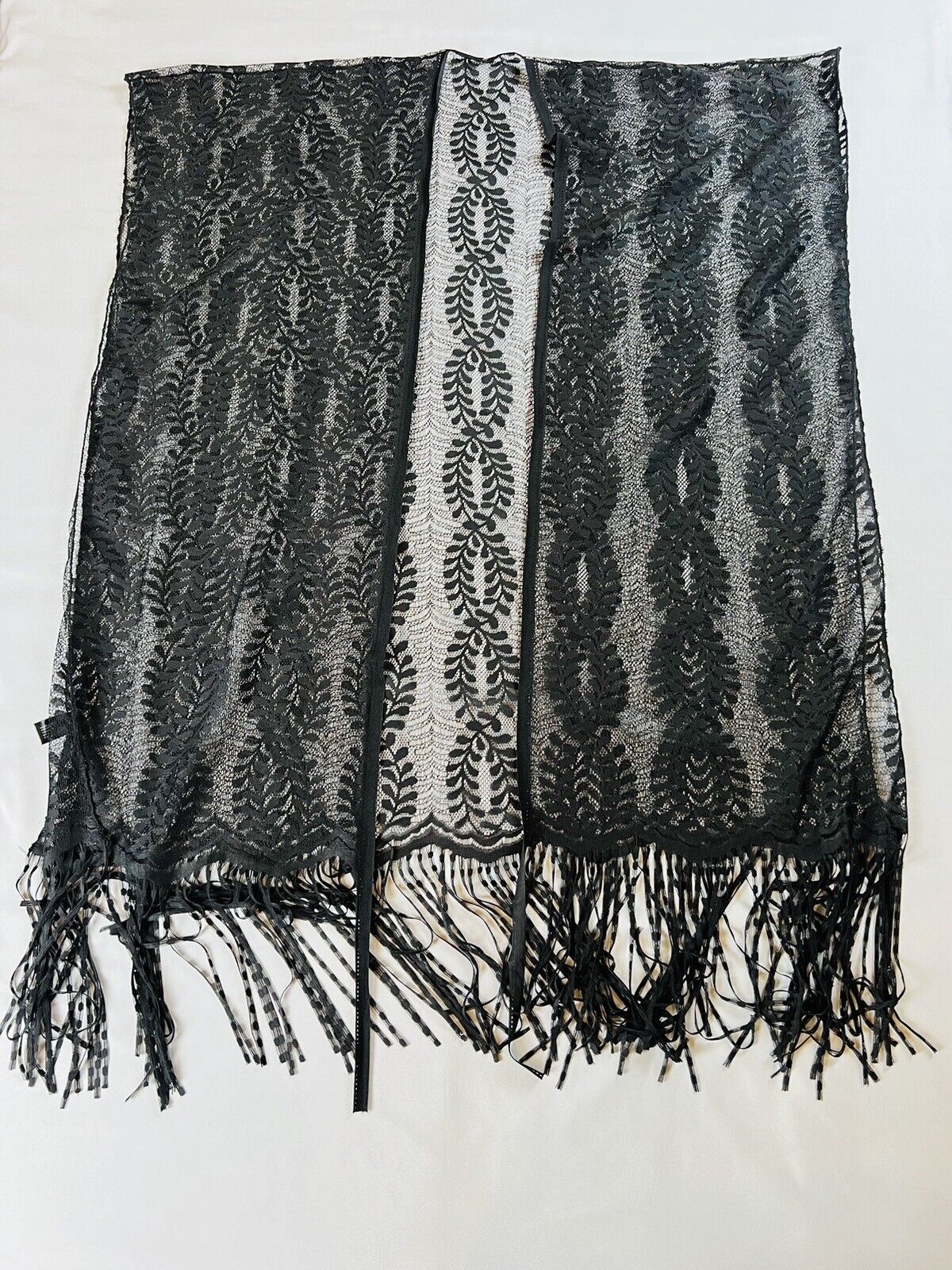 Black Lace Shawl Long Fringe Sz One Size