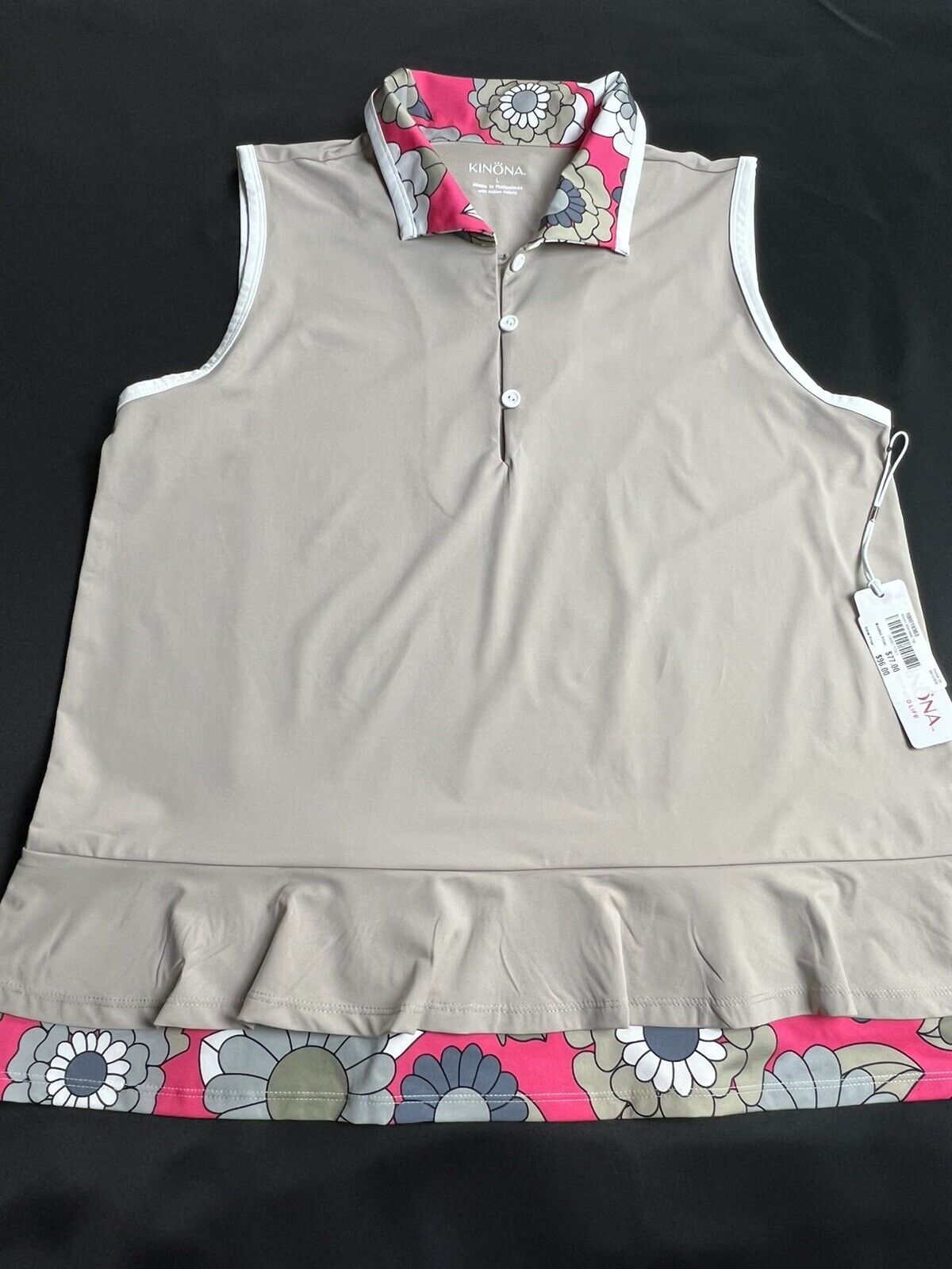 KINONA Women’s Sleeveless Golf Top Tan Pink Floral Sz S