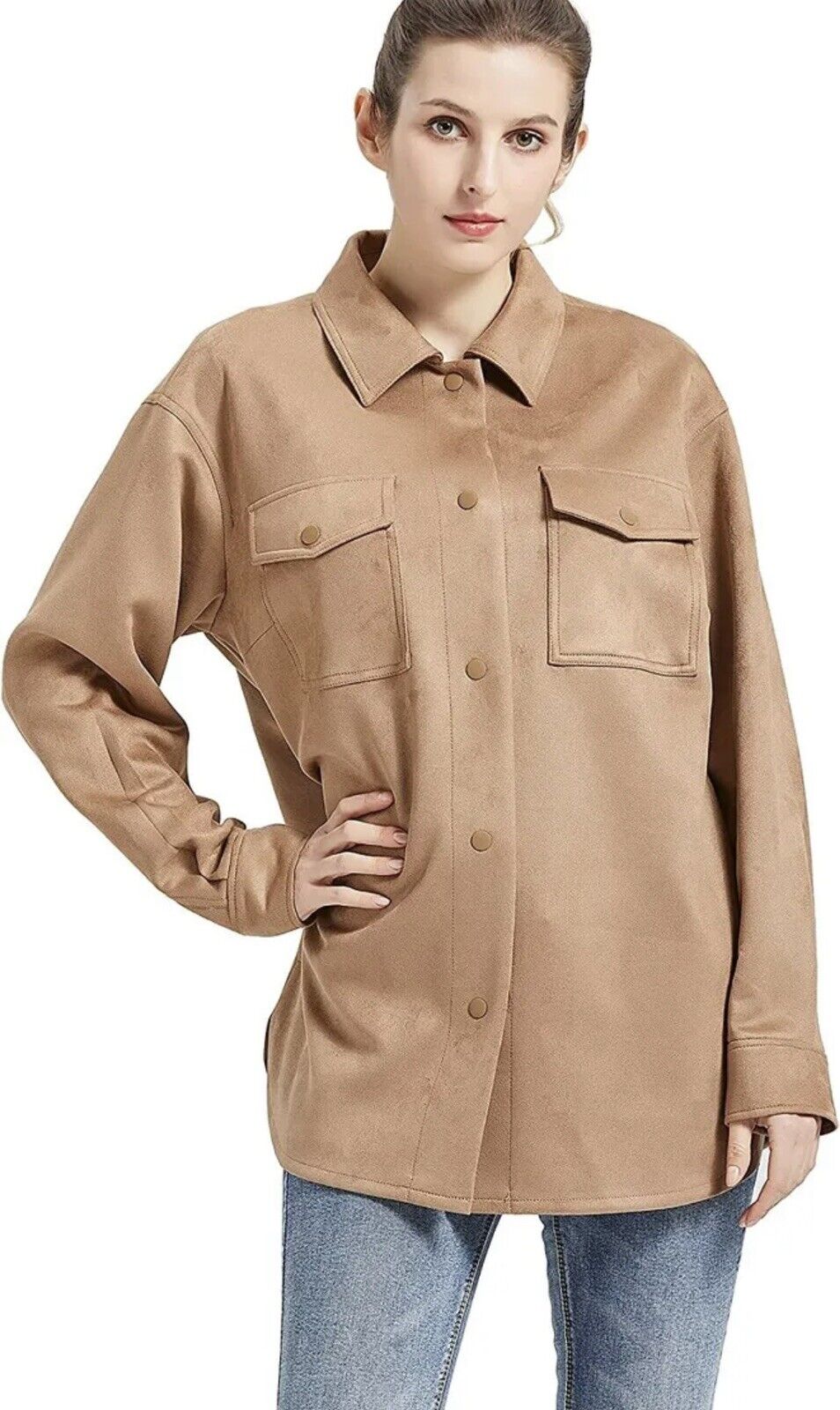 Love Tree Women’s Faux Suede Jacket Long Sleeve Shirt Sz M Tan