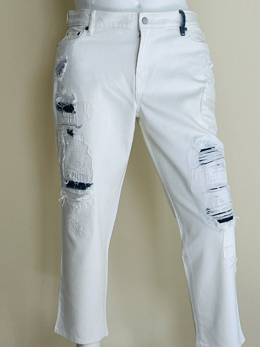 Ralph Lauren Women’s Distressed Patchwork Straight Stretch Jeans White Sz 16 NWT