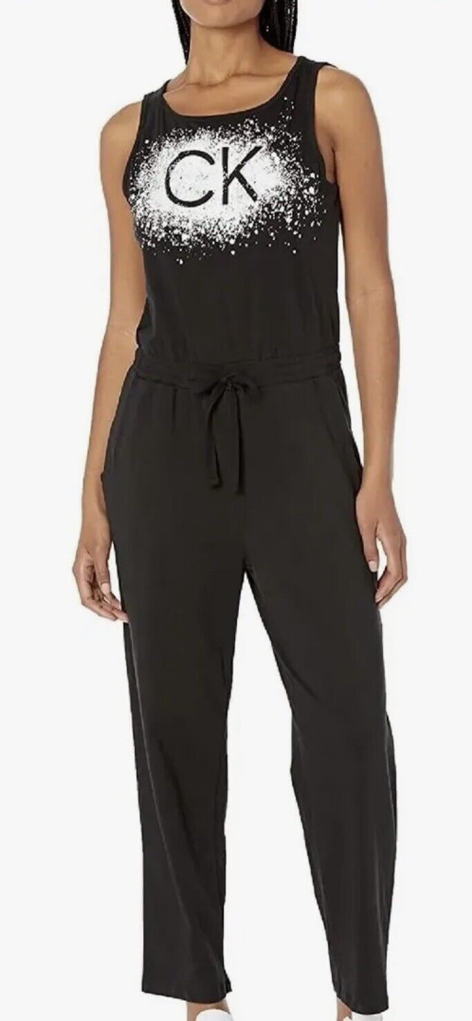 Calvin Klein Women's Black Sleeveless Jumpsuit Size Large LOGO MSRP $99 (#1)