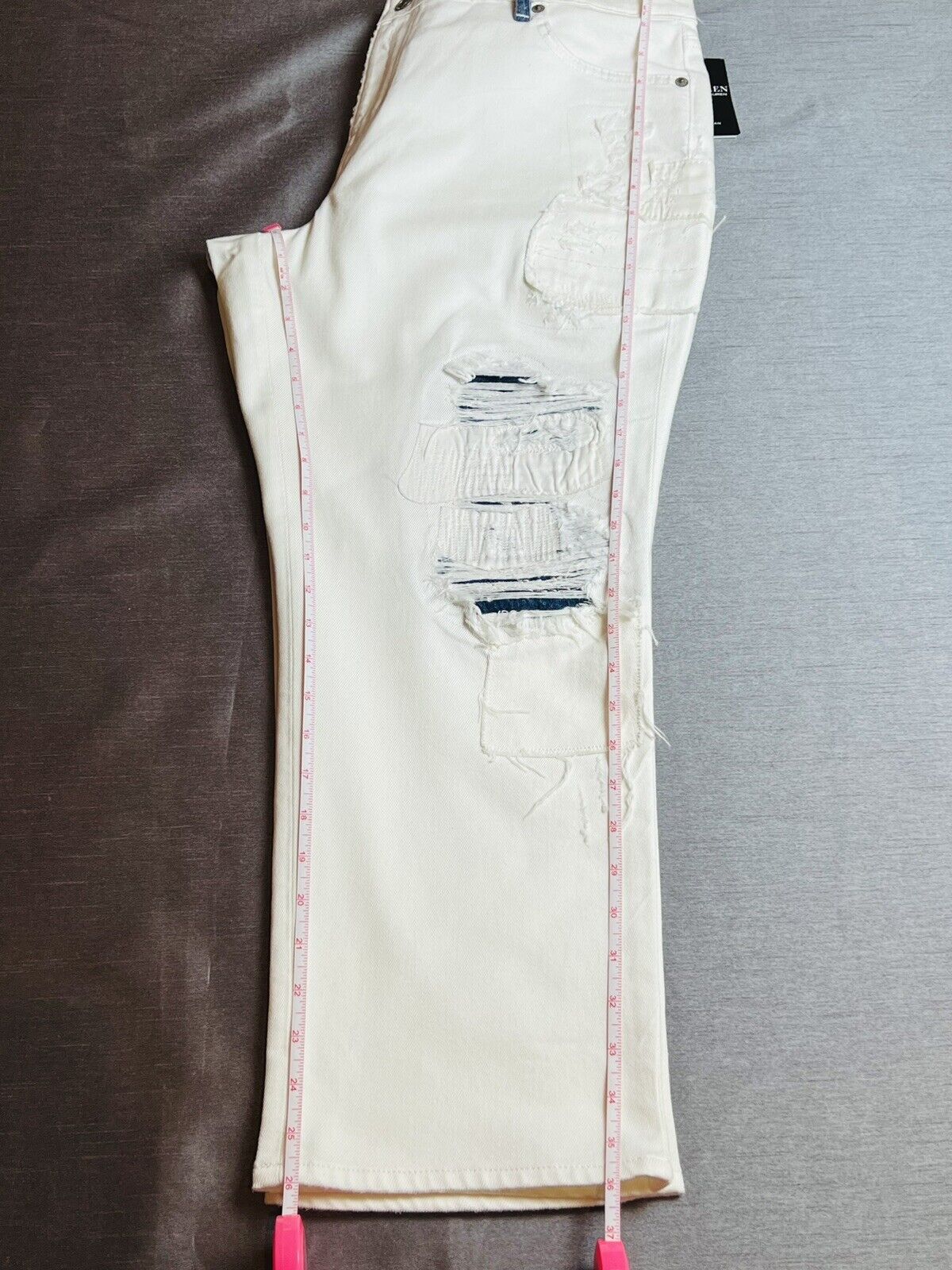 Ralph Lauren Women’s Distressed Patchwork Straight Stretch Jeans White Sz 16 NWT