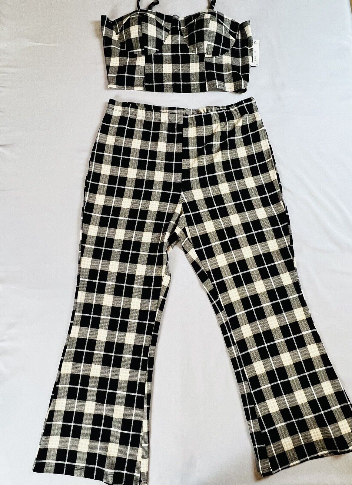 No Comment Women’s 2 Pc Plaid Top Pants Black Set Sz XL