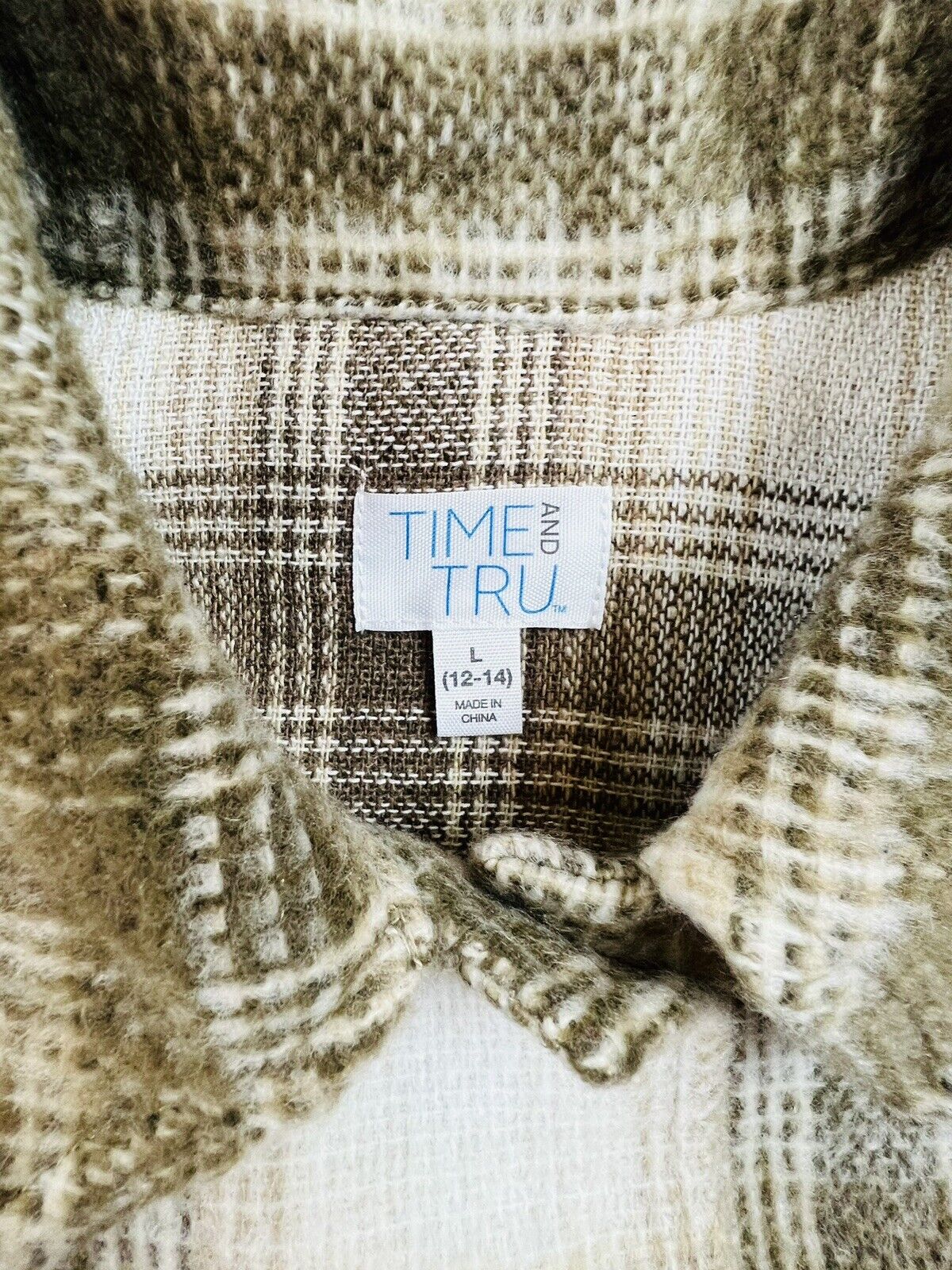 Time & Tru Women's Soft Fleece Shirt Jacket Size L Plaid Beige