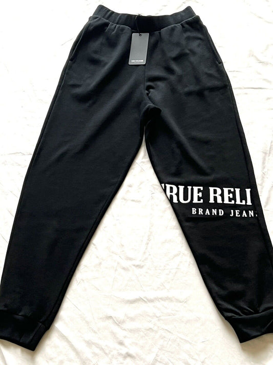 NEW TRUE RELIGION $99 BLACK HIGH RISE LOGO JOGGER PANTS SZ M