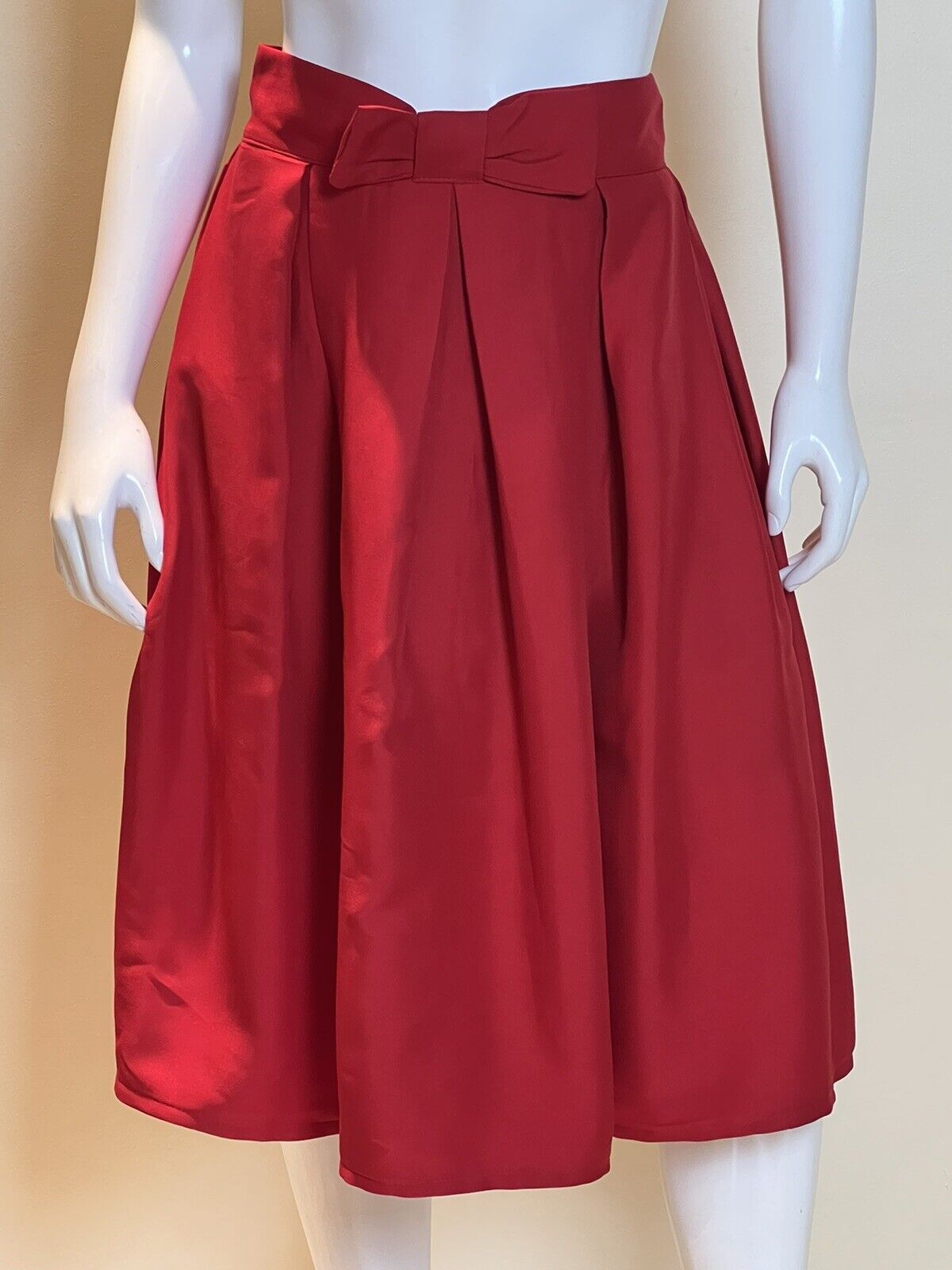 Women’s A Line Pleated Vintage Skirt High Waist Midi Skater Bow Tie Sz S (6)