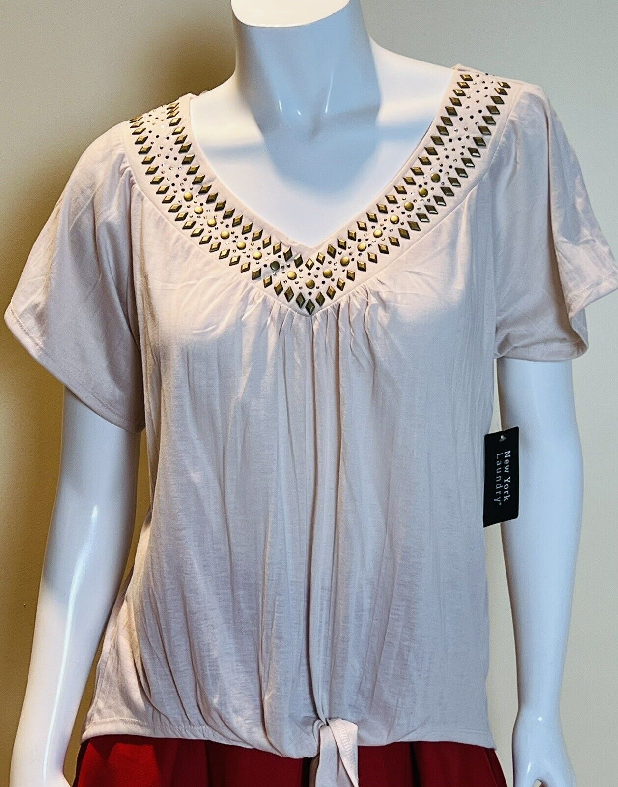 NEW YORK LAUNDRY Women's Ivory Pink Short Sleeve Size M Tie Bottom Blouse (5)