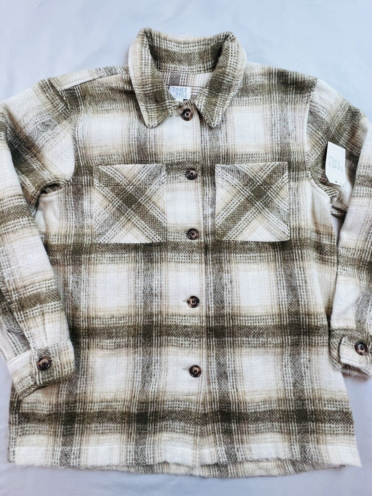 Time & Tru Women's Soft Fleece Shirt Jacket Size L Plaid Beige