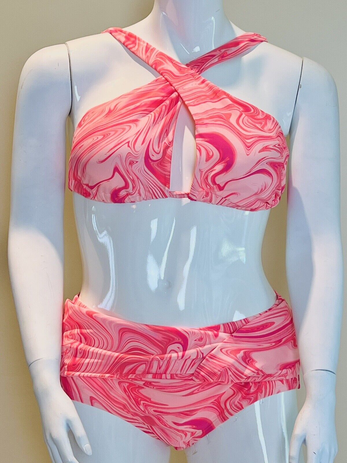 Time and Tru Women’s Pink Swirl Cross Front Convertible Back Bikini Sz XL