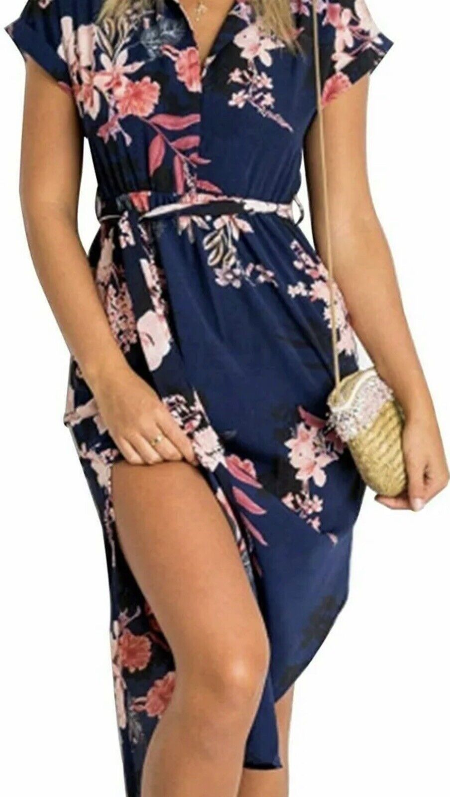 TemoFon Women's Floral Short Sleeve Dress no Belt Sz L