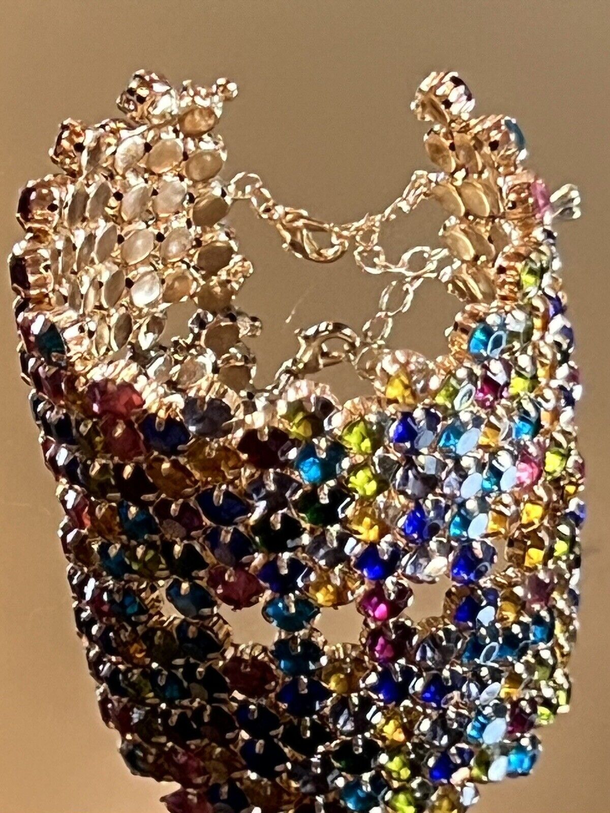 Multi-Color Rhinestones Large Wide Gold Tone Hinged Cuff Bracelet