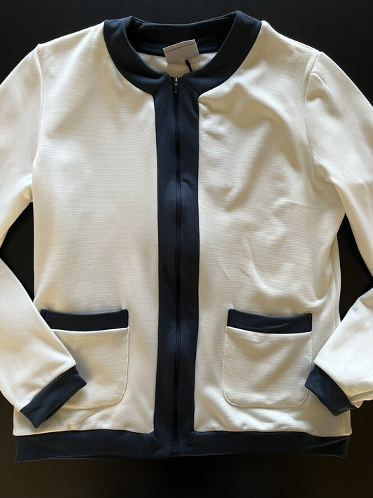 GALVIN GREEN Women’s Cardigan Ivory,Navy Trim Sz S Jacket