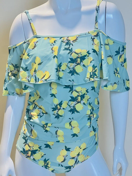 Summer Mae women’s Sz S 1Pc swimsuit off the shoulder Ruffle lemon print