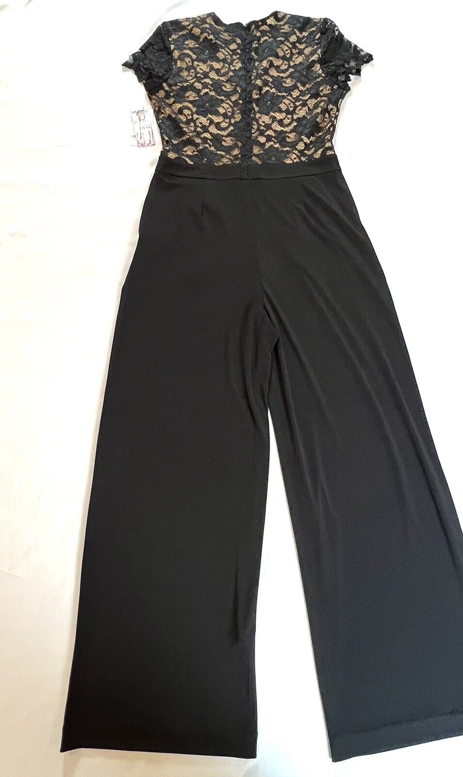 Karen Kane Women Black Stretch V-Neck Lace-Bodice Wide-Leg Jumpsuit Size L