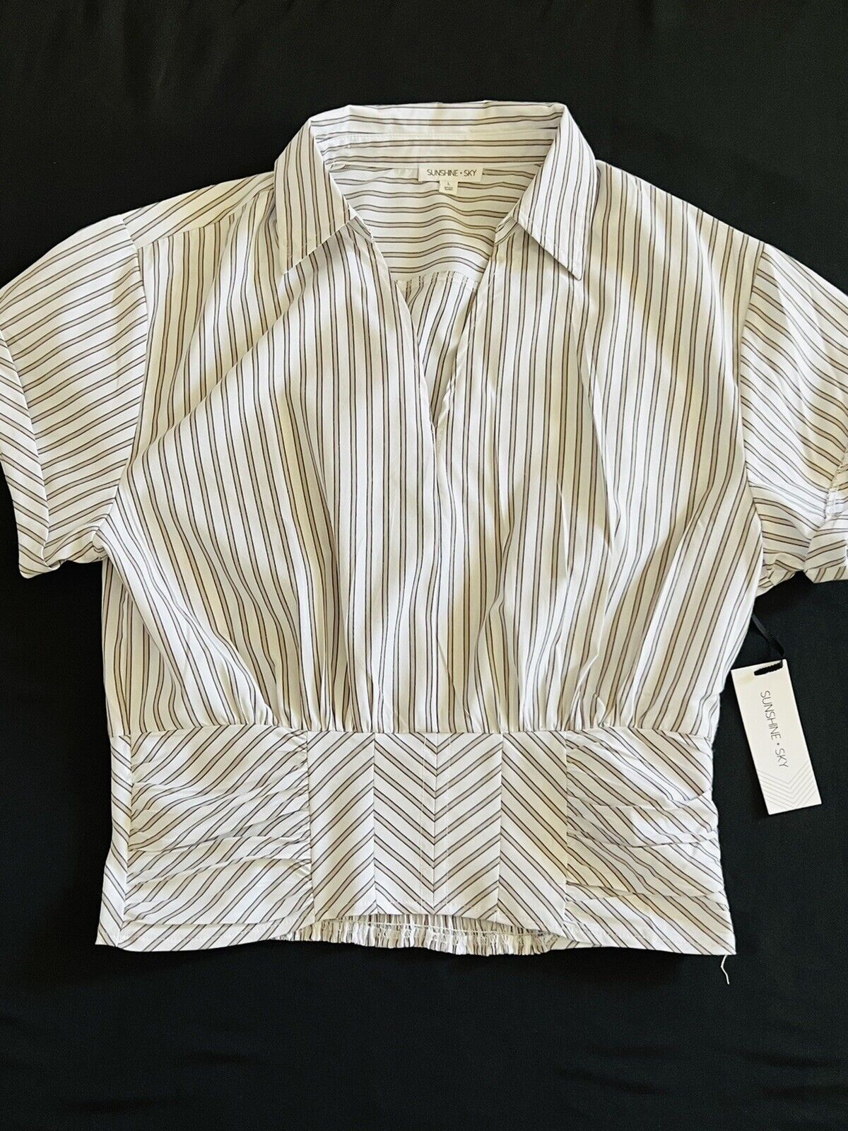 SunShine+SKY  Women's Stripes Blouse Sz L White Beige