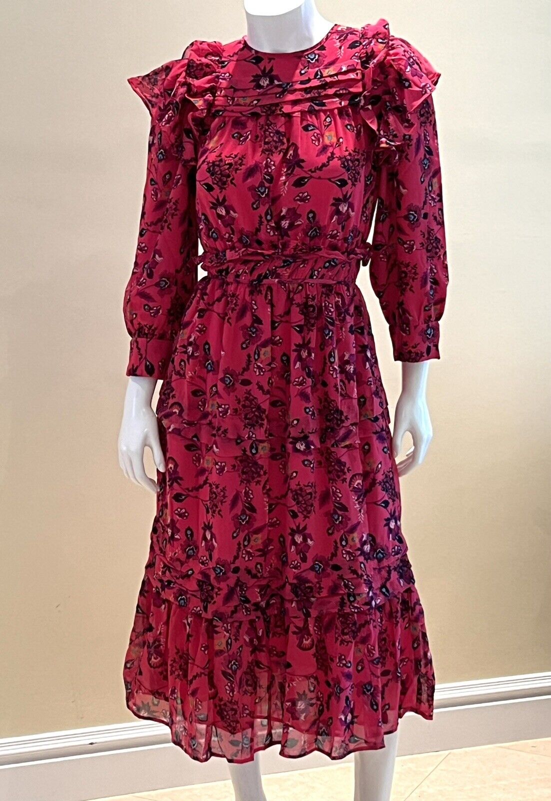 Walter Baker Pink fuschia Floral Dress Ruffle Midi Size S