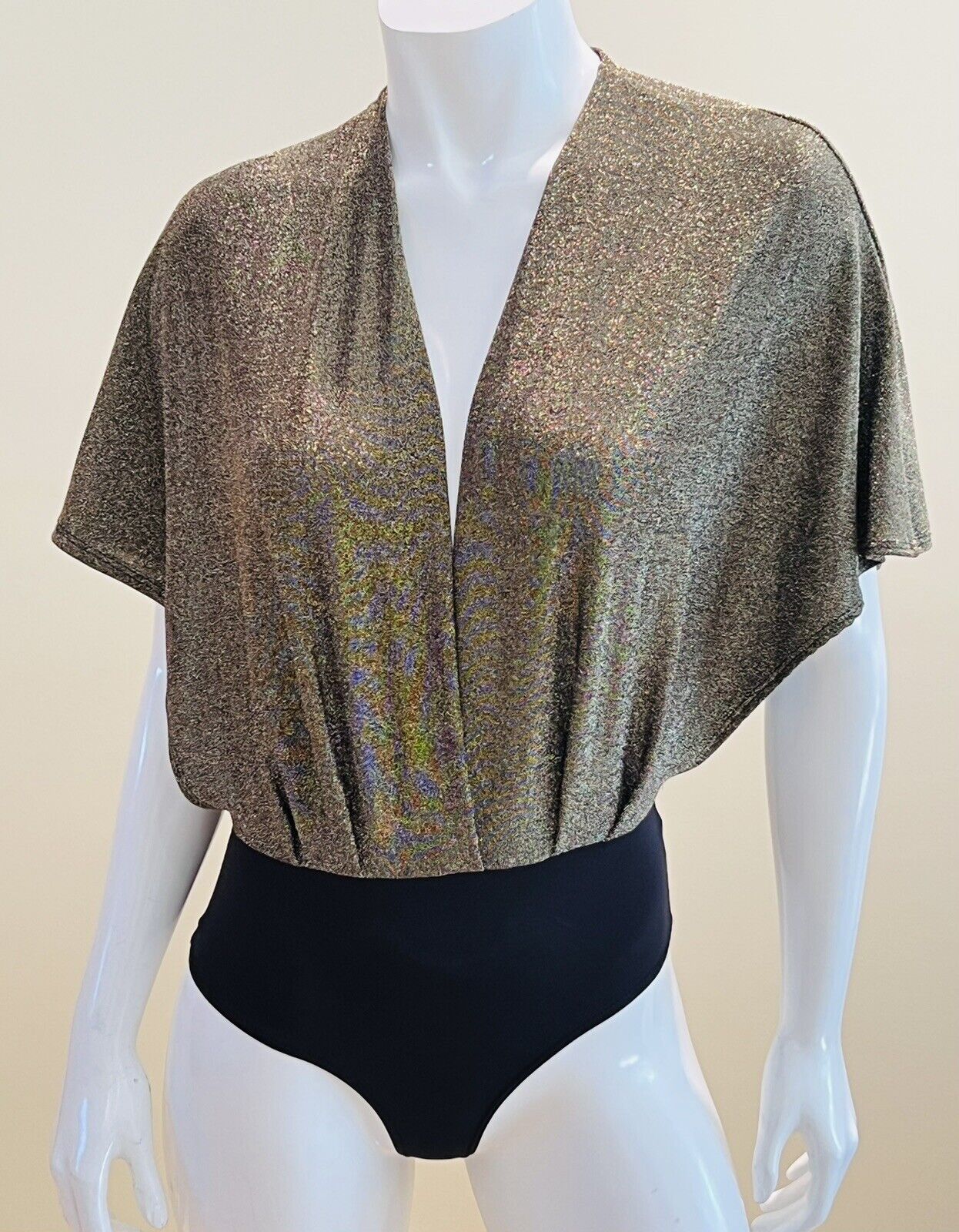 MADRAG SEMI SHEER BodySuit Top Blouse BLACK Gold Sz M