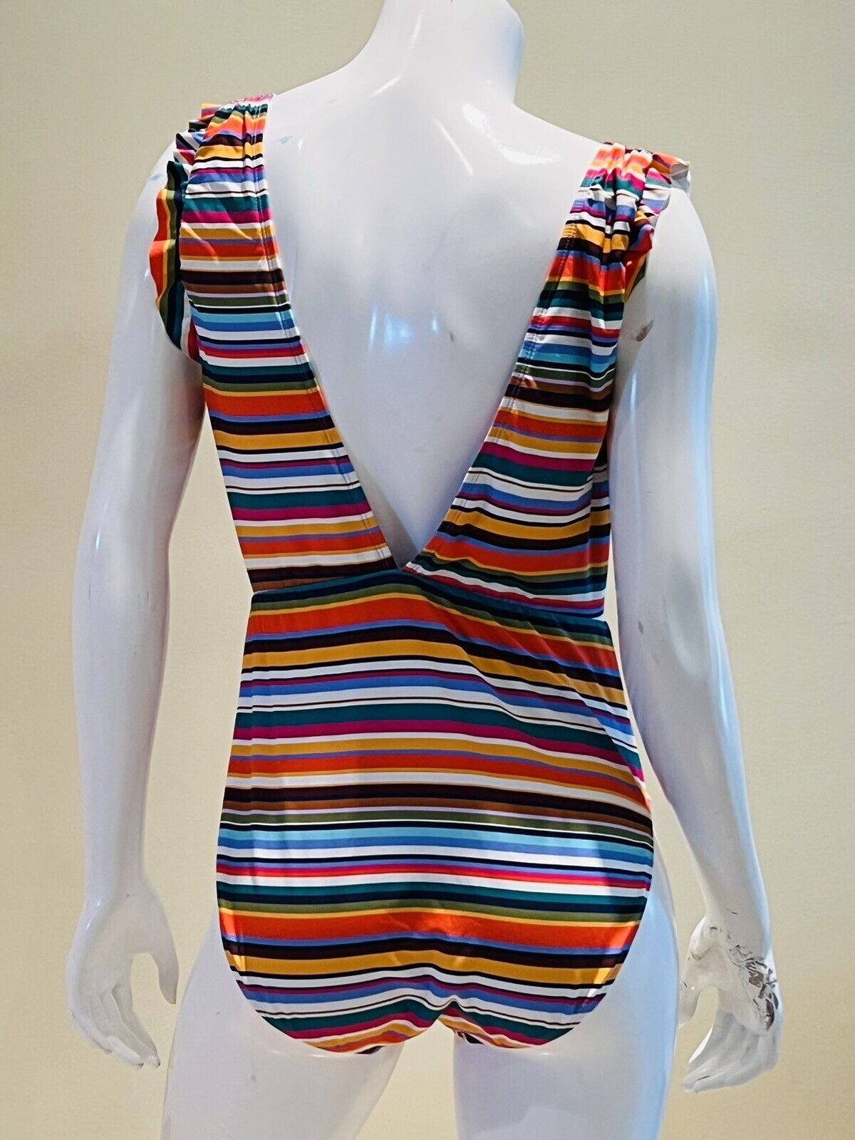 CATALINA Multi Color Striped Ruffle Arm V-Back One Piece Swimsuit Sz L