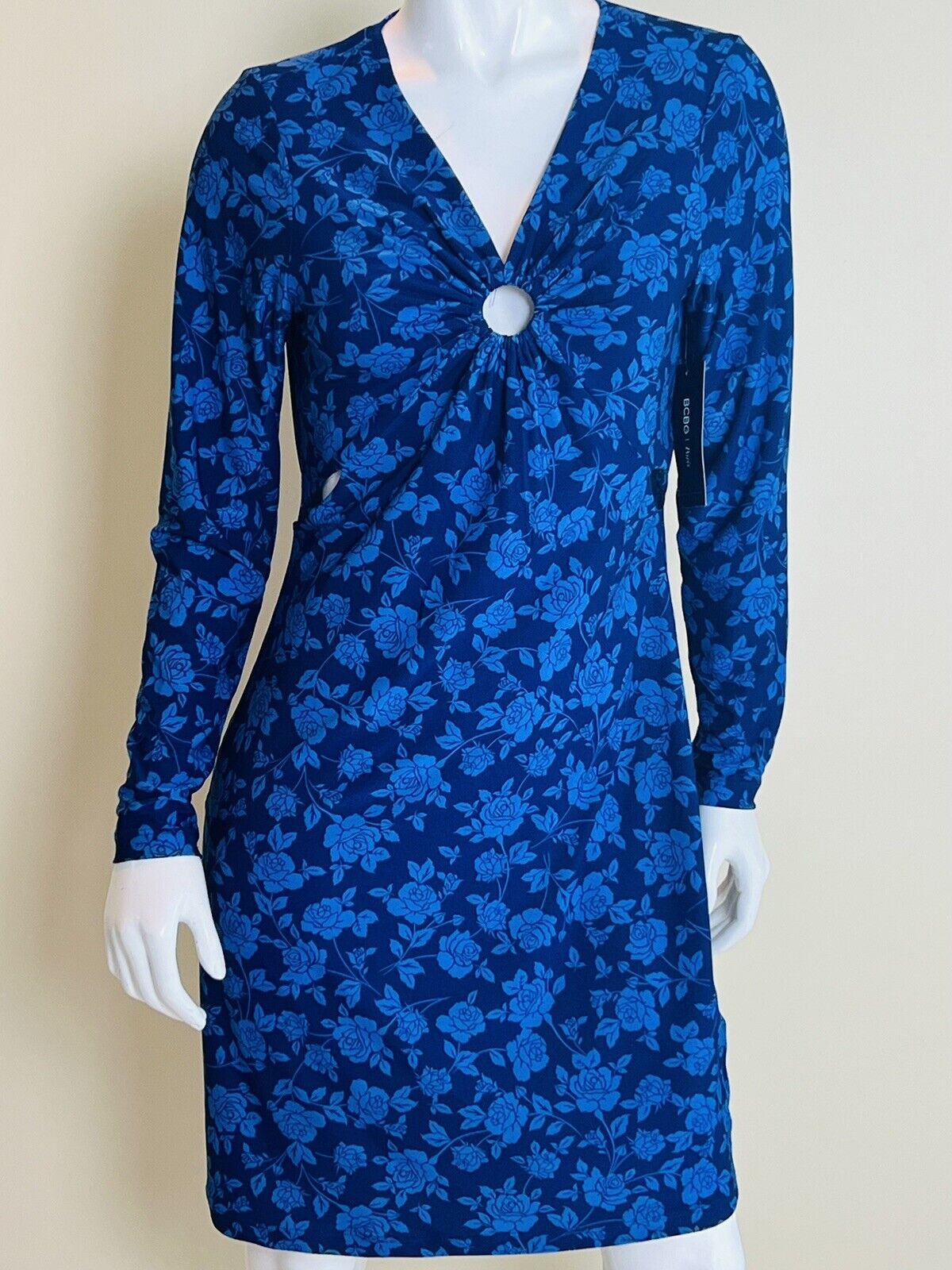 BCBG Paris Women's Ring Dress Blue Flowers w/Long Sleeves Size M (8-10) (#1)