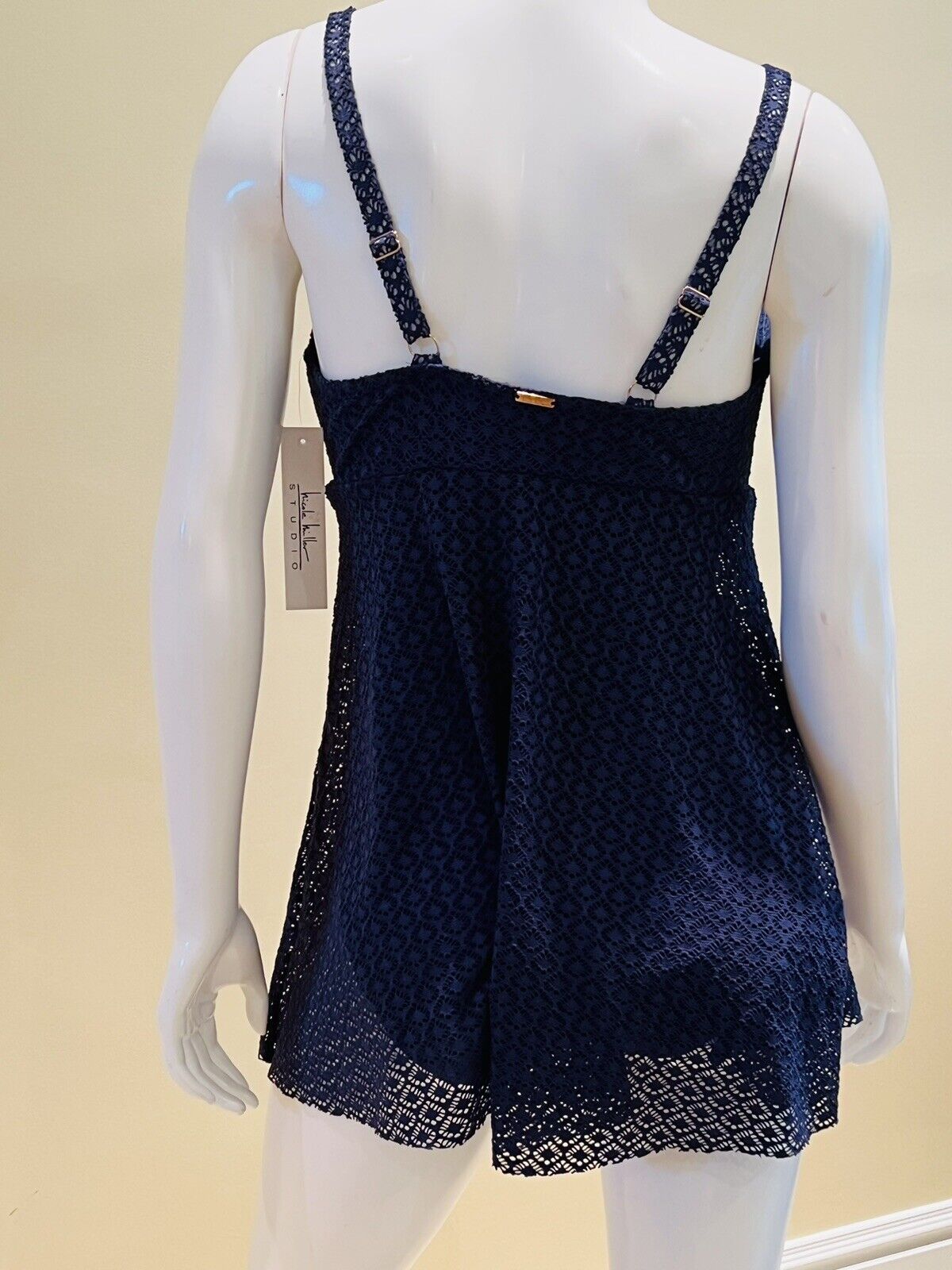 Nicole Miller One Pc Swimsuit Navy Blue net Sz M swim dress Bathing suit