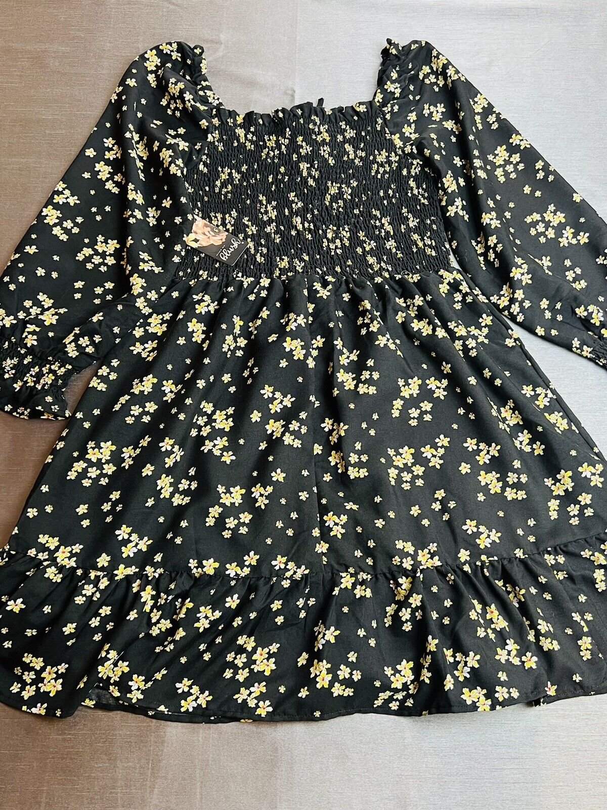 Hint of Blush Women's Floral Black Yellow Flower Long Sleeve Dress Size 1X