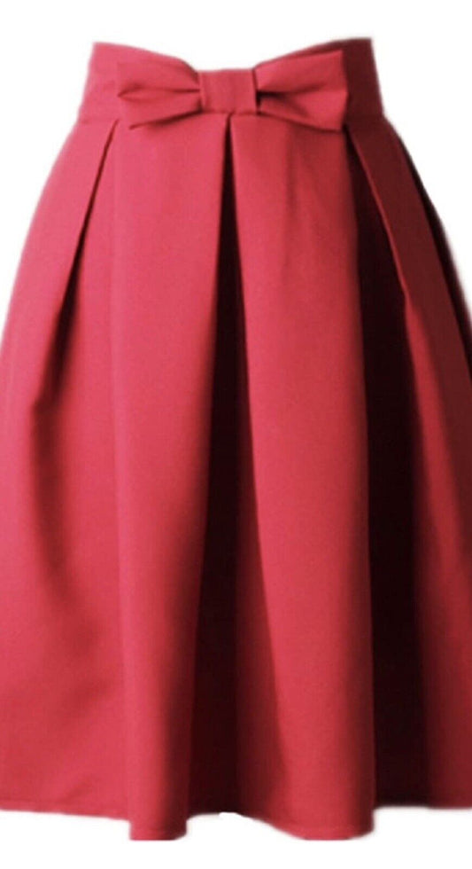 Women’s A Line Pleated Vintage Skirt High Waist Midi Skater Bow Tie Sz S (6)