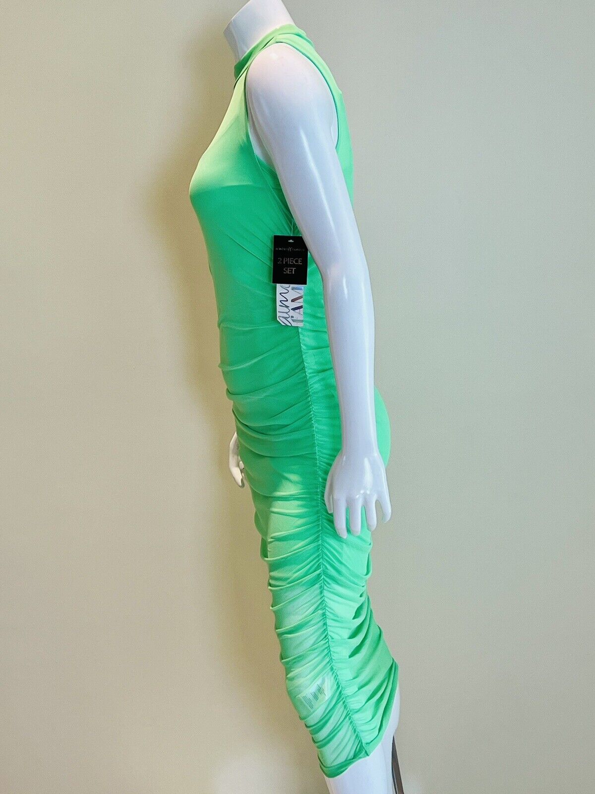 Almost Famous Women's 2 Piece Dress Neon Green Mesh Sz L  (7)