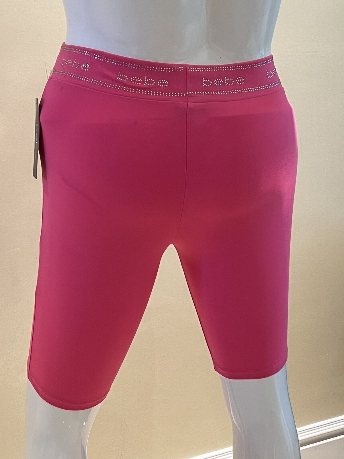 Bebe Hot Pink High Waisted Stretchy Biker Shorts Rhinestone Logo Size L