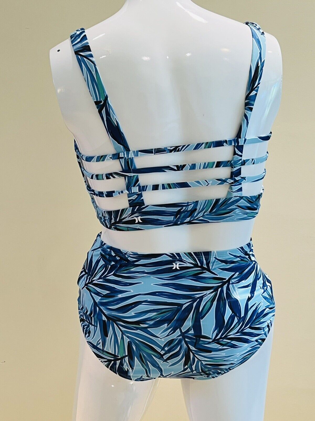 HURLEY Women's Size 2X Top/1X Bottom Palm Print High Waisted 2-Piece Bikini Blue