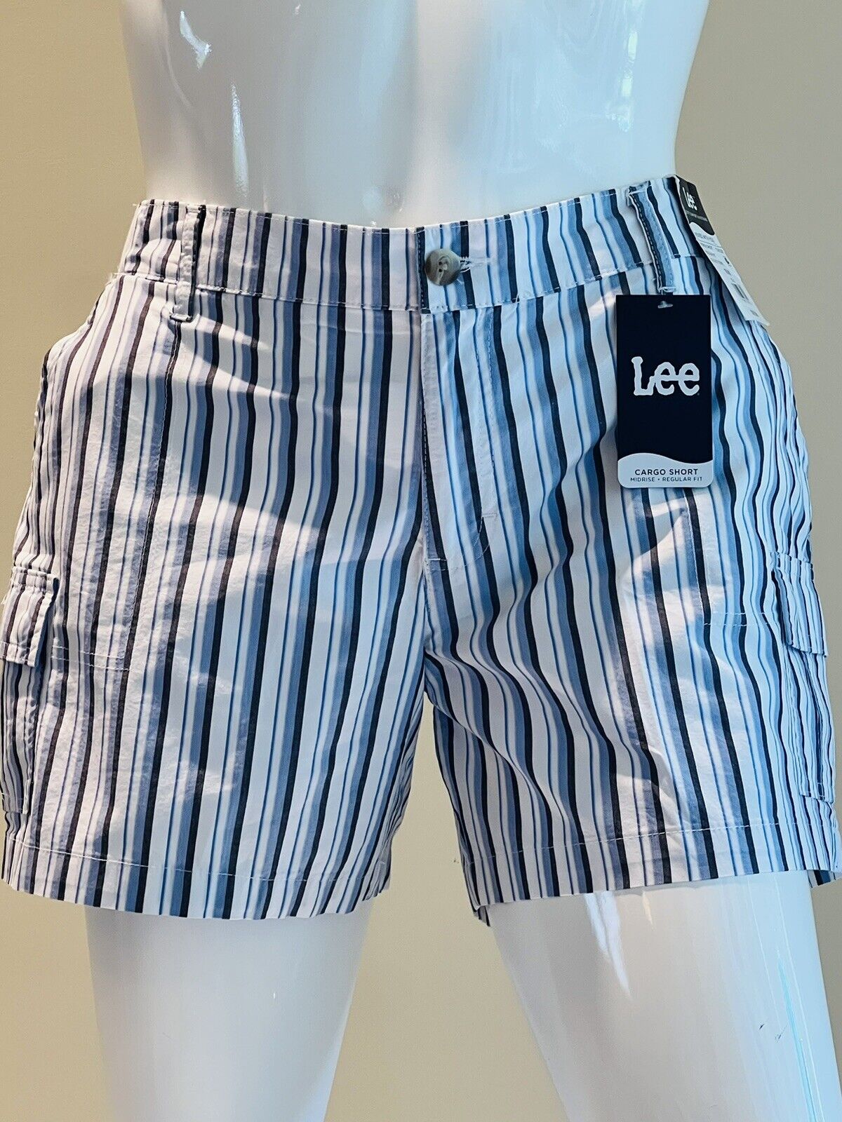 Women's Lee Midrise Cargo Shorts Regular Fit Stripe Blue White Sz 18