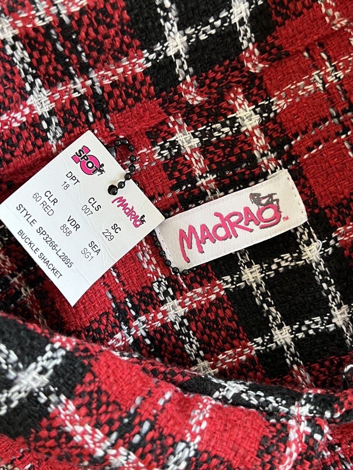 MadRag Women’s Red Plaid Jacket Blazer Coat Sz M Pearls Bottom