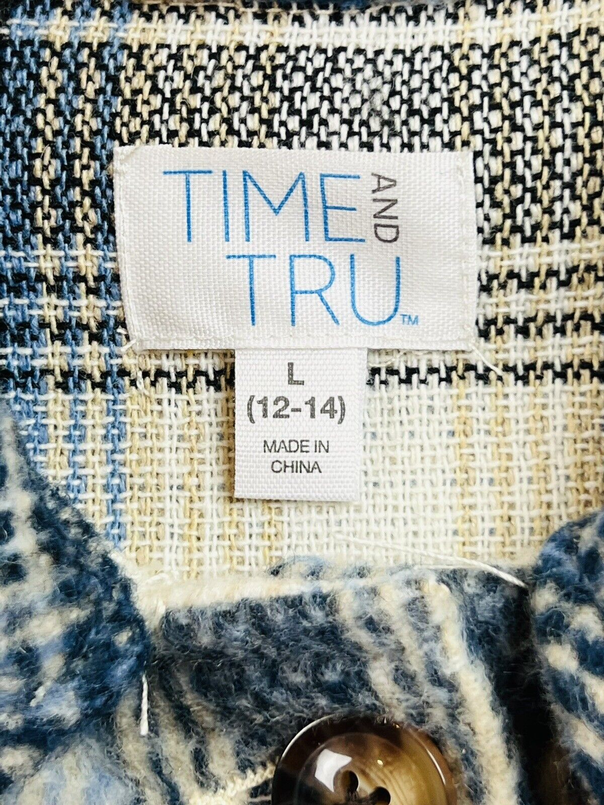 Time & Tru Women's Soft Fleece Shirt Jacket Size L Plaid Ivory Blue