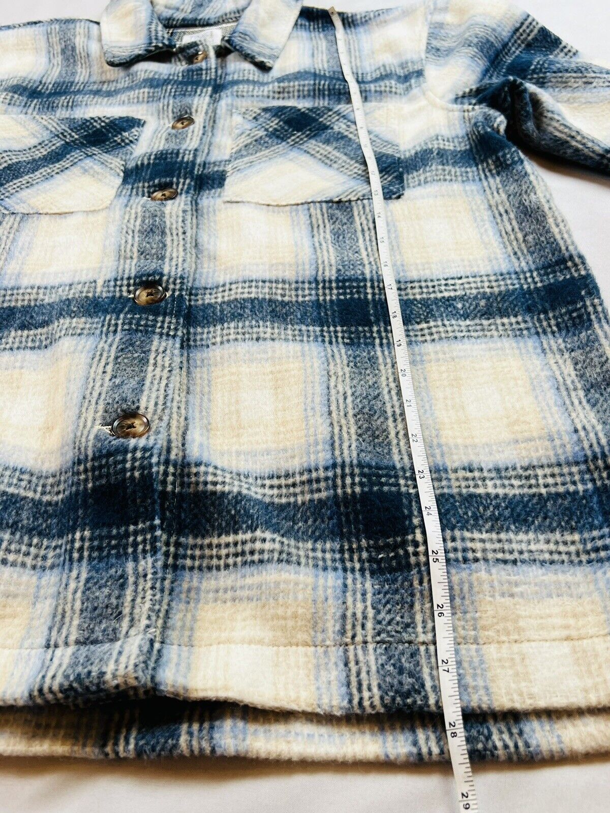 Time & Tru Women's Soft Fleece Shirt Jacket Size L Plaid Ivory Blue