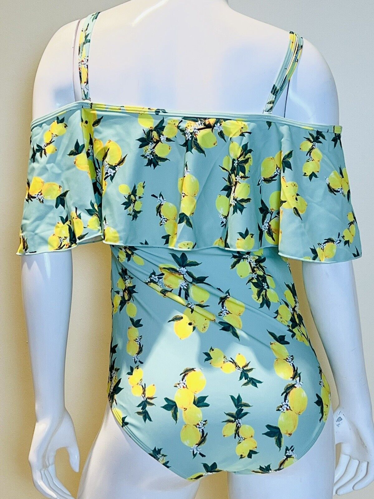 Summer Mae women’s Sz S 1Pc swimsuit off the shoulder Ruffle lemon print