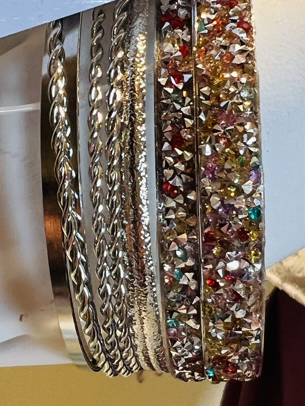 JL PlUS SZ Silver Metal Rhinestones Glitter Multicolor Bangle Bracelet 8pc Set