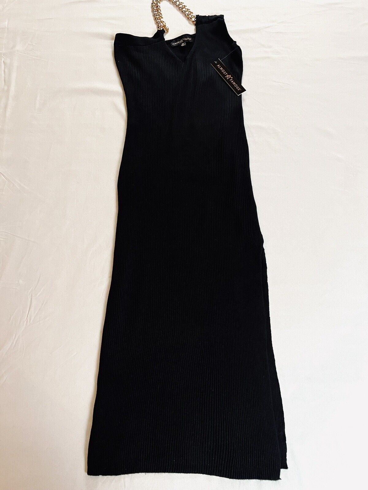 ALMOST FAMOUS Women’s Black Sleeveless Knit Dress w/Gold Chain Sz M