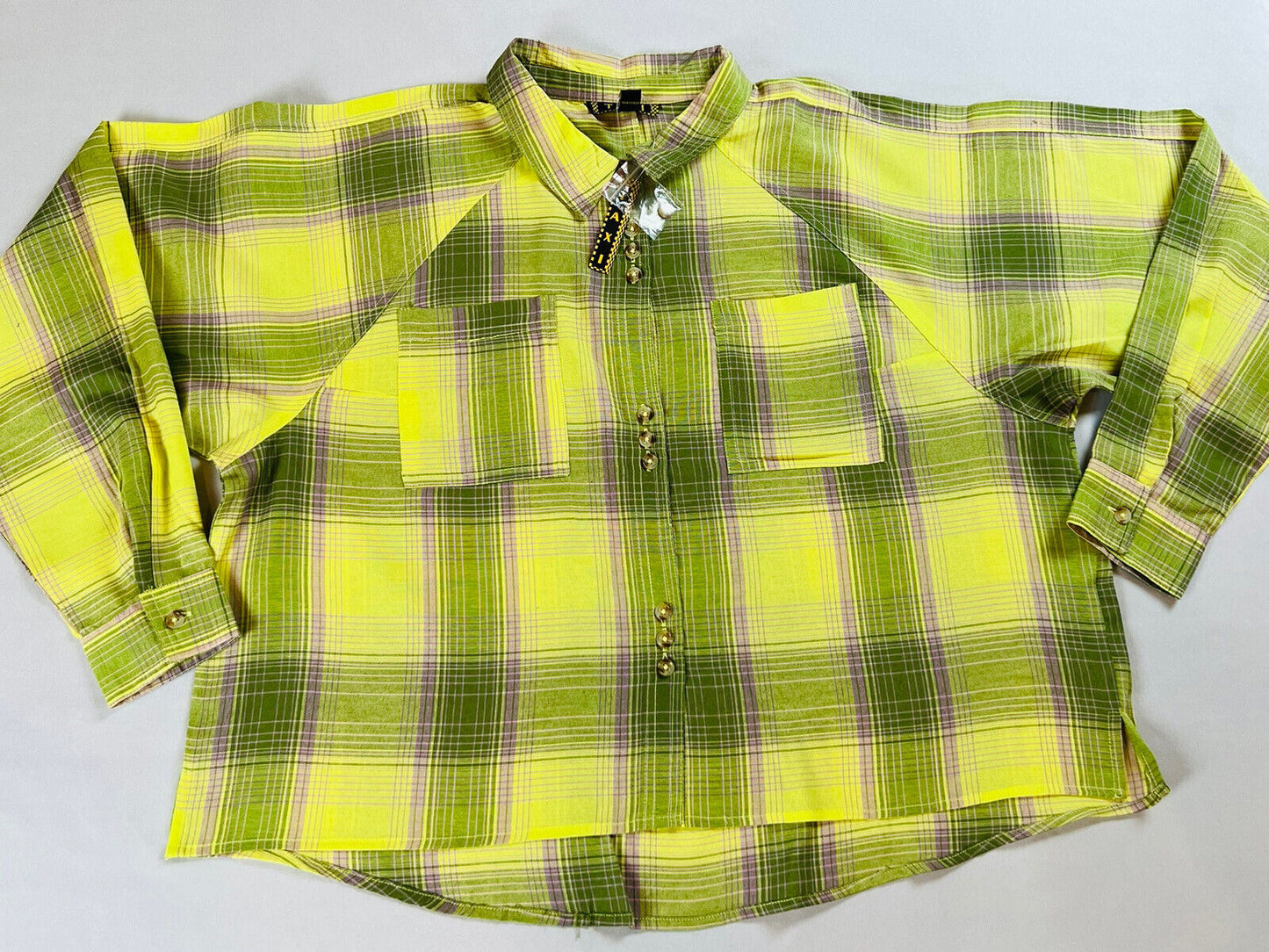 TAXI Women's Sz M Plaid Yellow Long Sleeve Crop Top Shirt