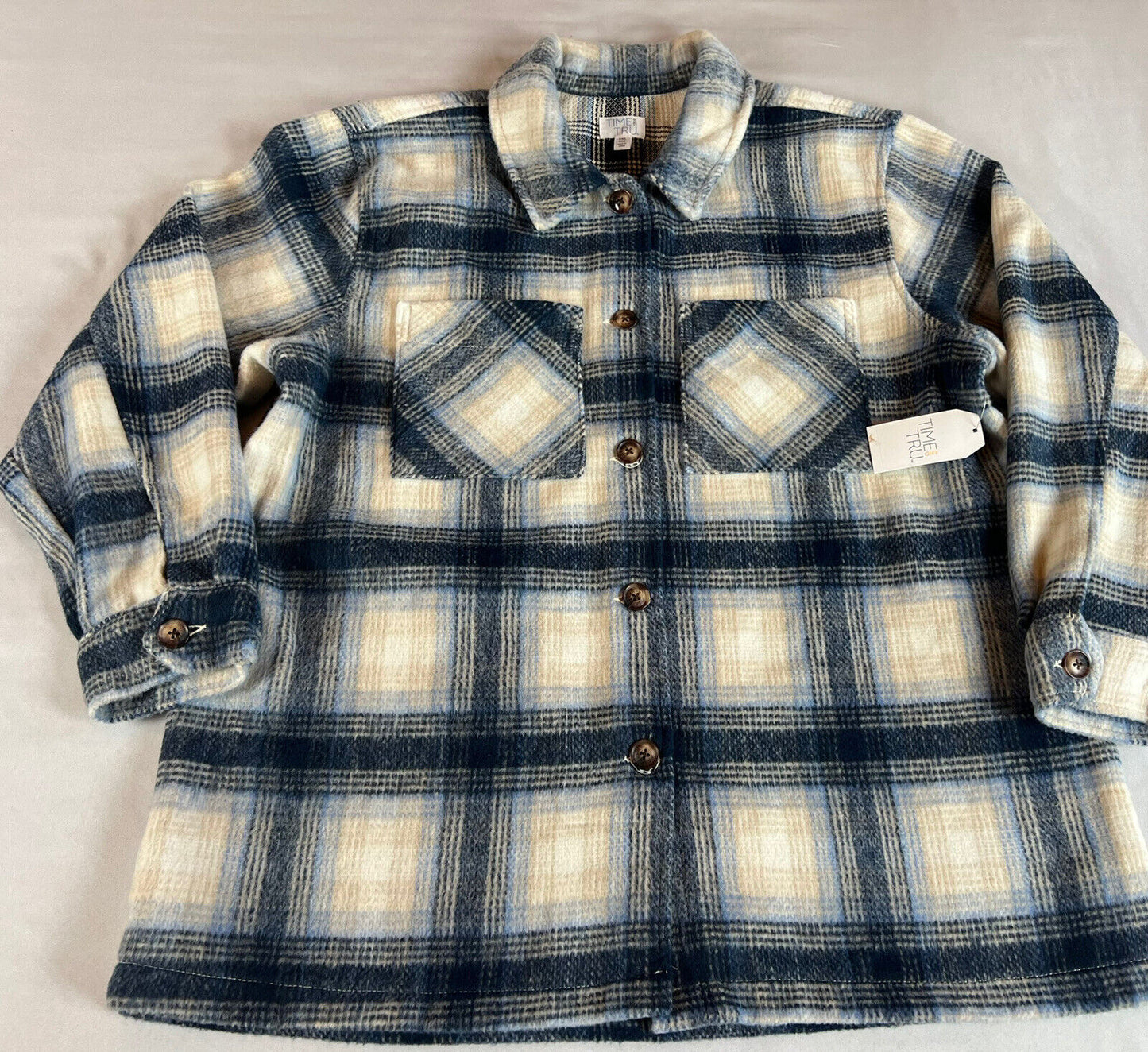 Time & Tru Women's Soft Fleece Shirt Jacket Size L Plaid Ivory Blue