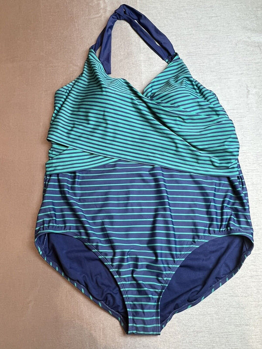 Penbrooke  Striped One Piece Swimsuit Retro Style Sz 3X Blue